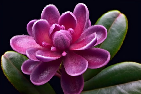 Close up of a pink succulent flower on a black background.の素材