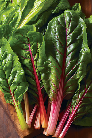 Bunch of red and green chard leaves on wooden cutting boardの素材