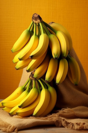Bunch of bananas on sackcloth over yellow background. Selective focus.の素材