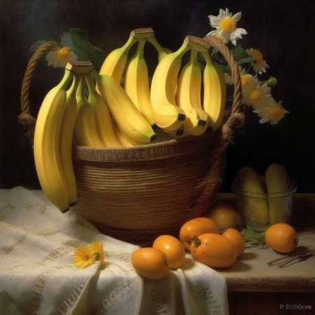 Still life with fresh bananas and kumquat in a basketの素材