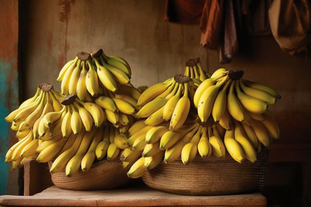 Bunch of fresh bananas in a basket on a wooden table.の素材