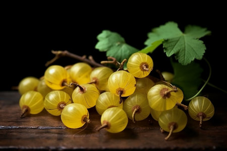 Yellow gooseberries on a dark wooden background. Selective focus.の素材