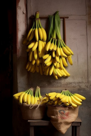 Bunch of bananas in a bag hanging on a wooden wall.の素材