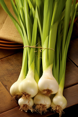 Bunch of fresh spring onions on a wooden background. Selective focus.の素材