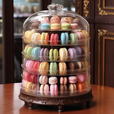 Colorful macaroons in a glass box on a wooden tableの素材