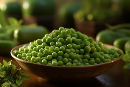 Green peas in a bowl on a wooden table. Close-up.の素材