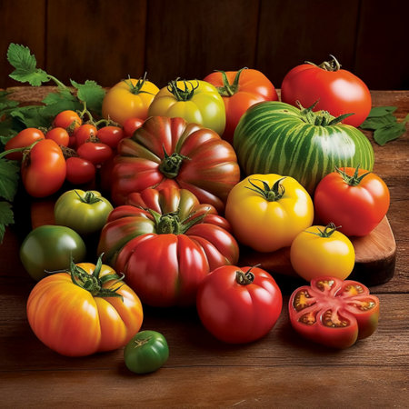 Variety of fresh organic tomatoes on wooden background, healthy eating conceptの素材