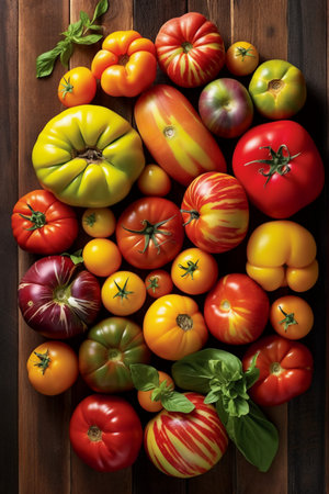 Variety of colorful tomatoes on wooden background. Top view. Flat layの素材