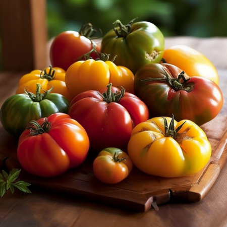 variety of colorful tomatoes on a wooden cutting board, selective focusの素材