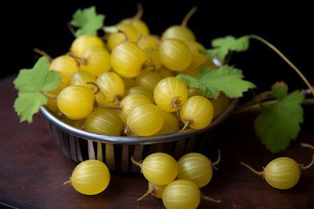 Gooseberries in a metal bowl on a wooden table. Black background.の素材