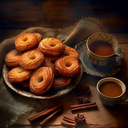Cup of coffee with cinnamon and buns on a wooden tableの素材