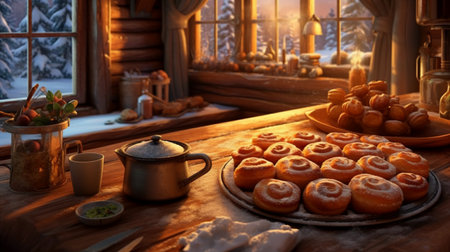 Cup of coffee and croissants on a wooden table in the rustic style.の素材