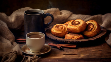 Cup of coffee with cinnamon buns on a wooden table.の素材