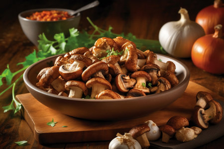 Shiitake mushrooms in a bowl on a wooden table.の素材