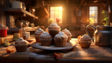 Delicious cupcakes with butter cream on a wooden table in the kitchenの素材