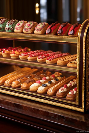 Assortment of pastries on display in a bakery shop, close upの素材
