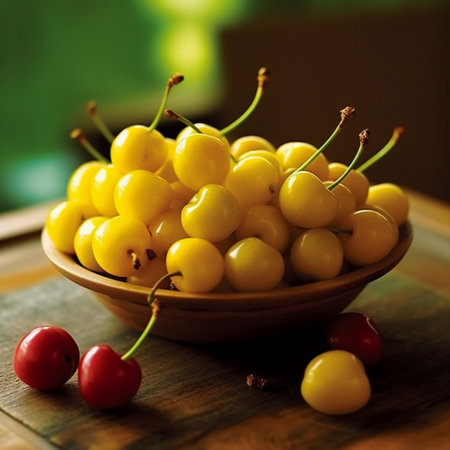 Yellow cherries in a bowl on a wooden table. Selective focus.の素材