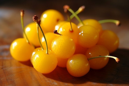 Yellow cherries on a wooden table. Close-up, selective focus.の素材