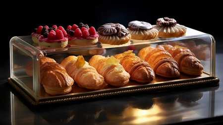 assortment of pastries in glass box on black background, closeupの素材