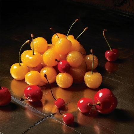 Yellow and red cherries on a dark background. Close-up.の素材