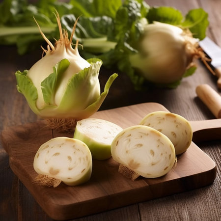 Fresh turnip on cutting board with knife and fork on wooden backgroundの素材