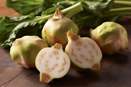 Fresh organic kohlrabi on wooden table, close-upの素材