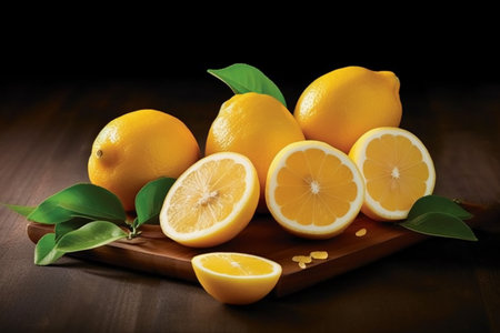 Lemons and lemons on a wooden board with leaves.の素材