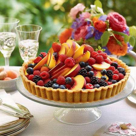 Tart with fresh berries and fruits on a table in the gardenの素材