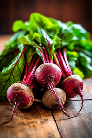 Fresh beetroots with leaves on rustic wooden table, selective focusの素材
