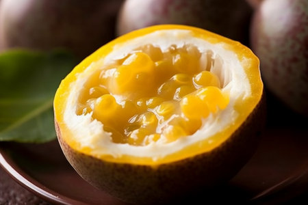 Passion fruit on a brown plate, close-up, selective focus.の素材