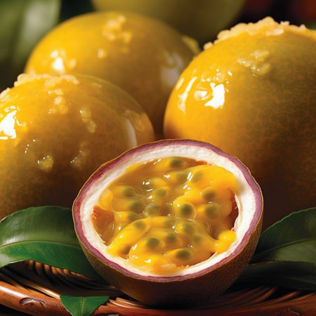 Passion fruit in a basket on a wooden table, close upの素材