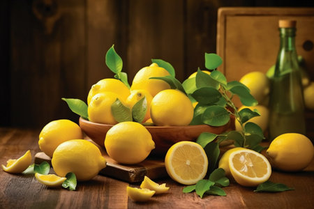 Lemons with leaves and bottle of lemonade on wooden backgroundの素材