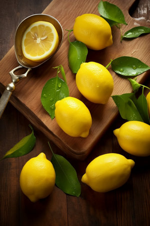 Fresh lemons with green leaves on a wooden table, selective focusの素材