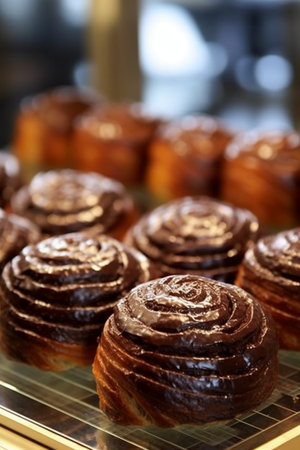 Cinnamon buns with chocolate glaze on a wooden table.の素材