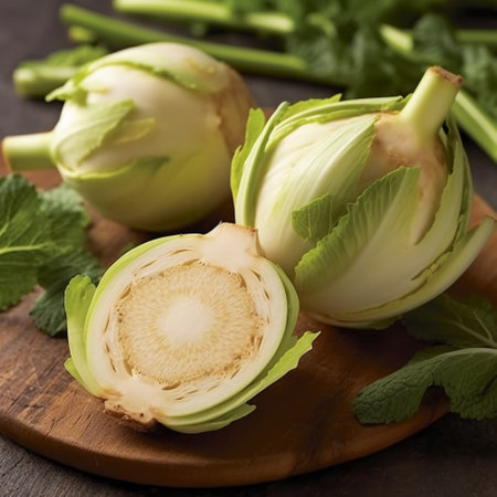 Fresh kohlrabi on a wooden cutting board, closeupの素材