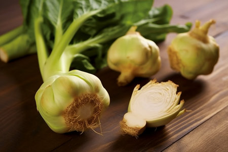 Bok choy (Chinese cabbage) on a wooden table.の素材