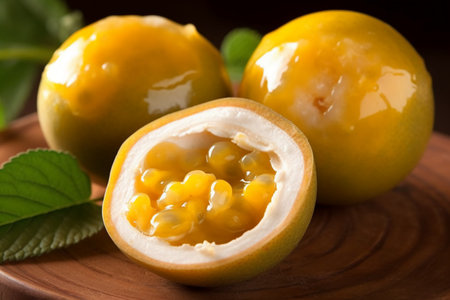 Passion fruit on a wooden plate, close-up, macroの素材