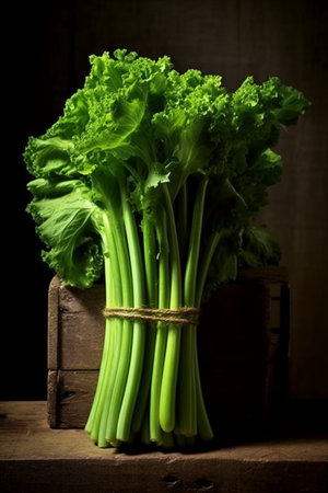 Bunch of fresh green lettuce on a wooden table. Dark background.の素材