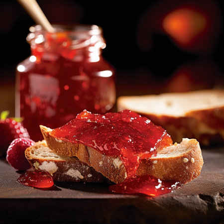 Strawberry jam in a glass jar on a wooden board.の素材