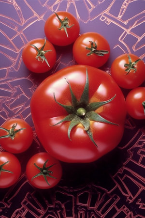 Tomatoes on a purple background, top view, close-upの素材