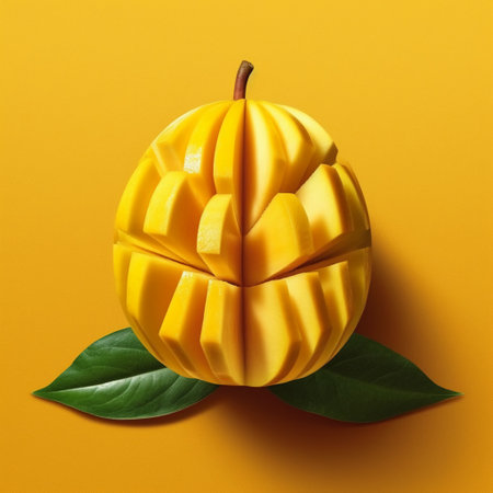 Mango fruit with leaves on yellow background. Minimal style.の素材