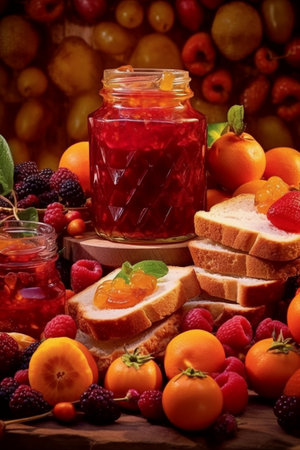 assortment of jams in a glass jar on a wooden background.の素材