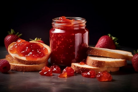 Strawberry jam in a glass jar and slices of bread on a black backgroundの素材