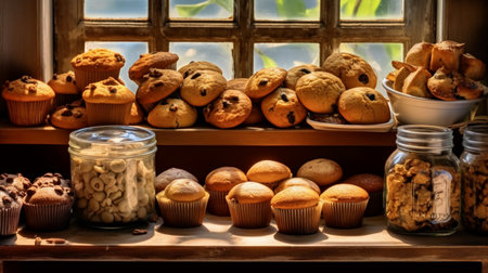 Muffins and cookies on a wooden shelf in a bakery shopの素材