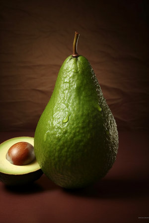 Avocado on a brown background with water droplets on the skinの素材