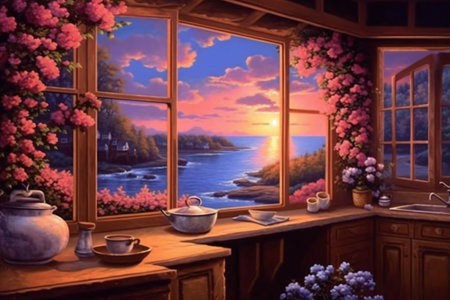 Beautiful view from the window to the sea and the beautiful sunsetの素材