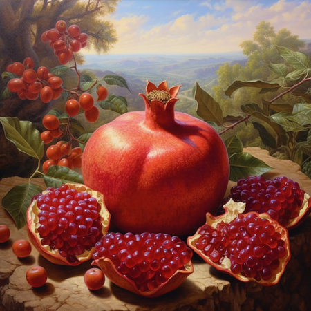 Pomegranate fruit and berries on a background of autumn landscapeの素材