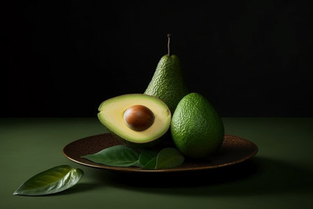 Avocado on a brown plate on a dark background. Still lifeの素材