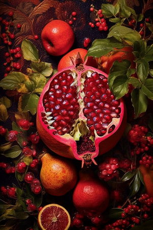 Ripe pomegranates, apples and berries on a dark backgroundの素材