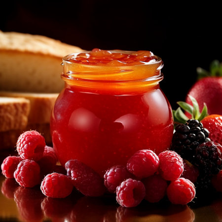 Jar of raspberry jam with fresh berries and bread on a dark backgroundの素材
